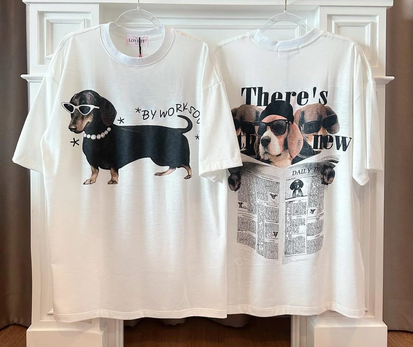 Amerikanische Retro-Sonnenbrille mit Perlen/Zeitungsdruck, Würmelschwein-Motiv, locker sitzendes und vielseitiges, trendiges, cooles T-Shirt aus reiner Baumwolle mit kurzen Ärmeln für den Alltag