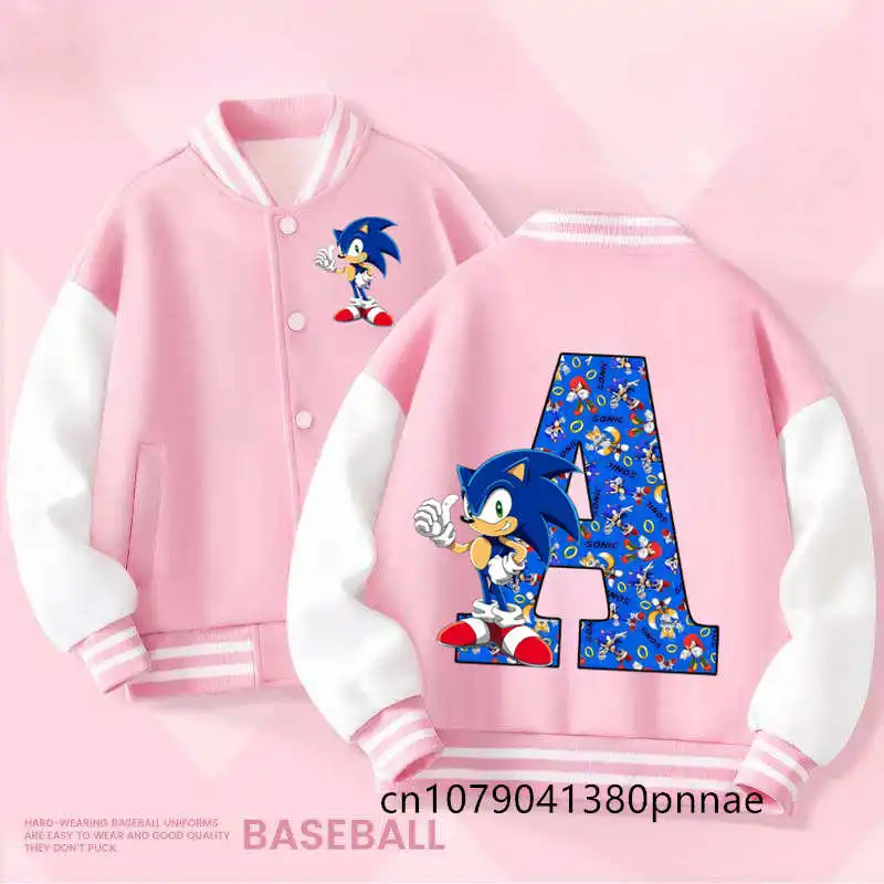 

Boys Girls Spring Fashion Jacket Pink Coats Kid Clothes Sonics Letter A-Z Anime Baseball Uniform Children Cartoon Printed Coats