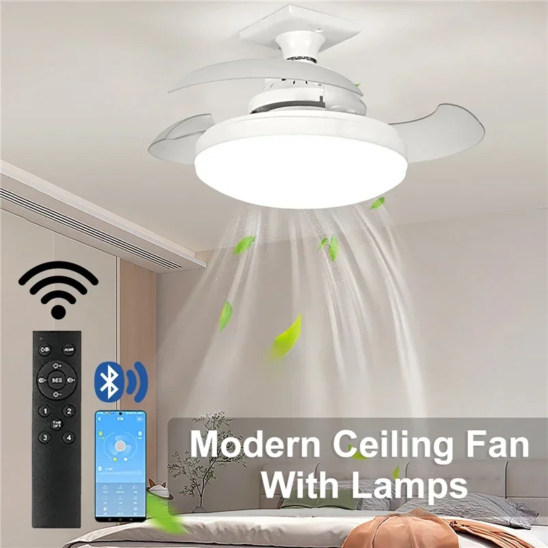 

48W 3-Speed 3-Colors Dimming Ceiling Fan with LED Light E27 Converter Base Chandelier Ceiling Fan for Bedroom Living Room