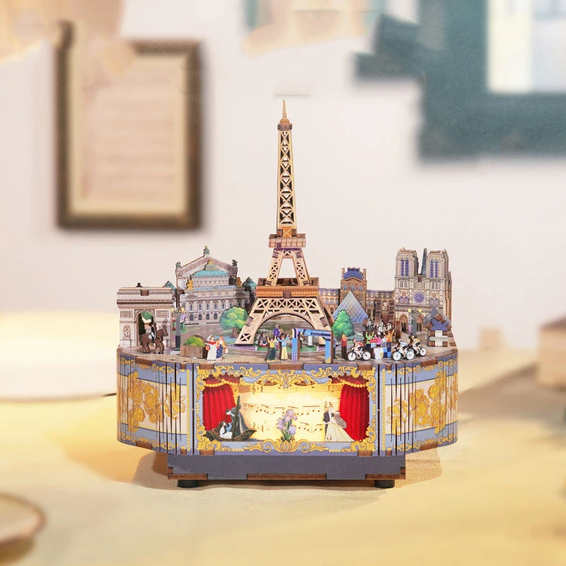 NEW DIY Wooden Music Box Paris Games 3D Puzzles Miniature Model Kits Can Move Jigsaw for Children Christmas Gifts Home Decor