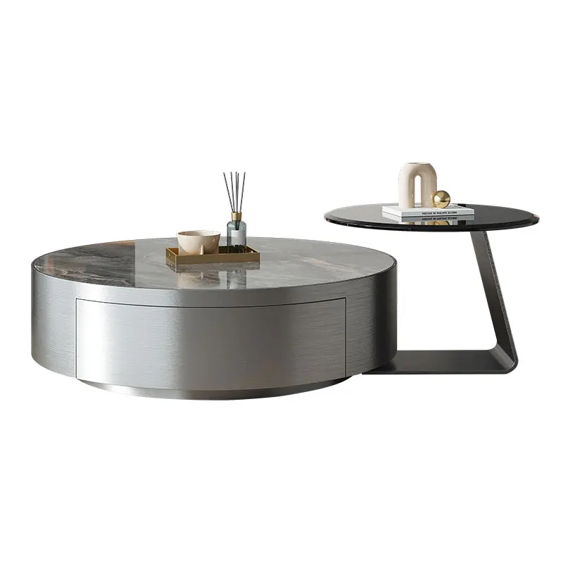 

Italian light luxury rock slab coffee table high-end small apartment modern simple table combination stainless steel round