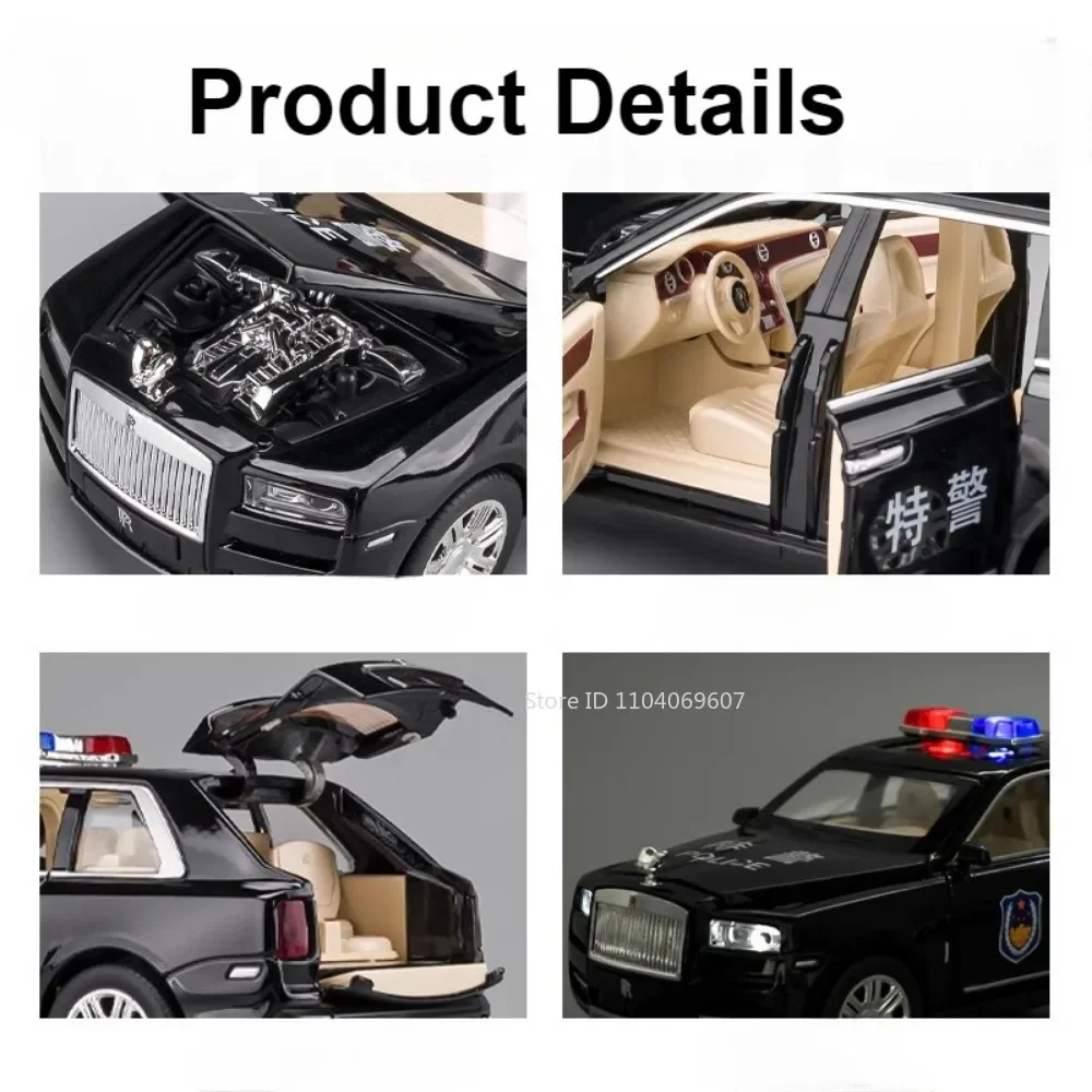 Modèle de voiture de Police Rolls-Royce Cullinan, échelle 1:24, jouet, son léger, traction arrière, modèles de véhicules miniatures Swat, cadeaux de Festival pour garçons