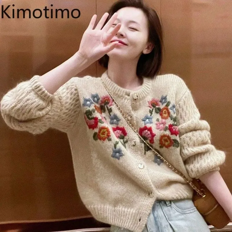 Kimotimo Embroidery Flower Knitted Sweater Coat Women Autumn Winter Vintage Long Sleeve Cropped Cardigan Harajuku Chic Knitwear