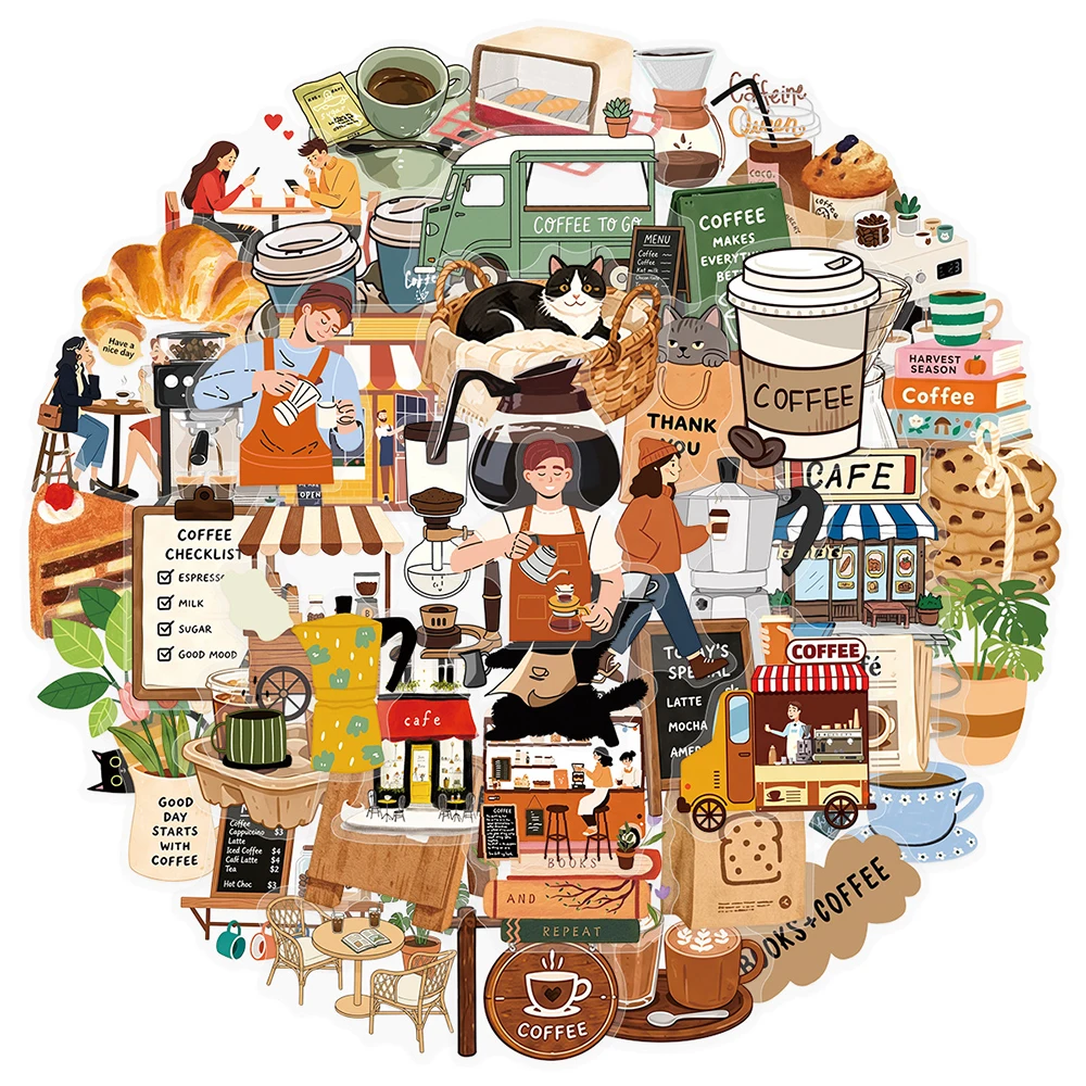 10/30/50pcs Healing Coffee Shop Cartoon Stickers Transparent Cafe Afternoon Tea Sticker Suitcase Phone Water Bottle Phone Decals