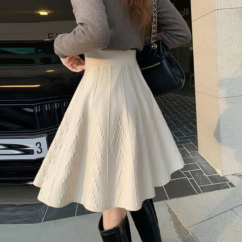 French Style Sweet Autumn Women\'s Solid Shirring Elastic High Waist Korean Fashion Office Lady Slim Knittd A-line Pleated Skirt