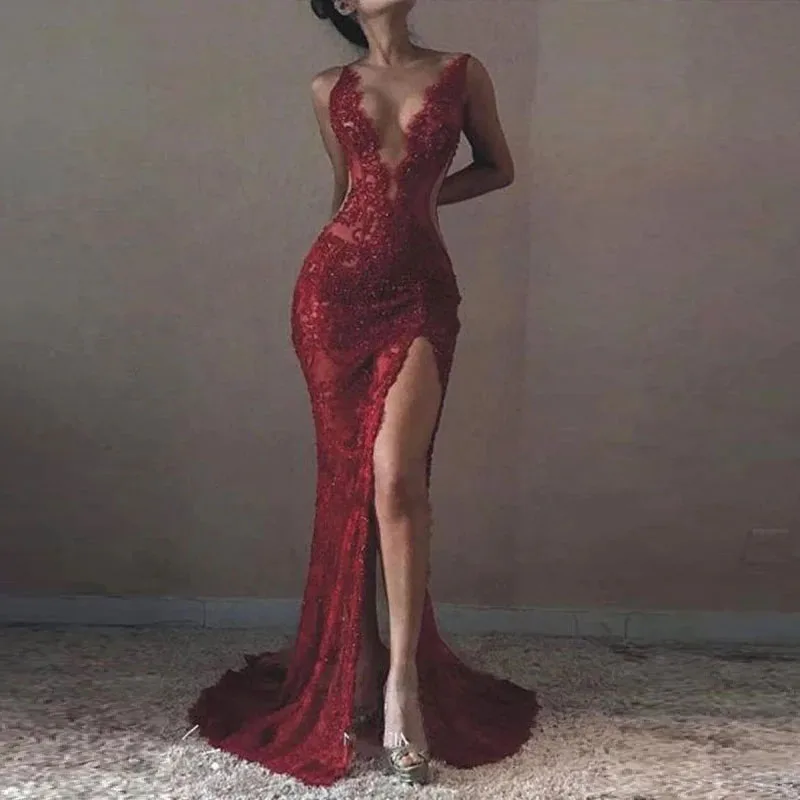 Sexy Red Lace Evening Dresses Backless V Cổ Cao Chia Dài Áo Prom Cổ Điển Illusion Sheer Trang Phục Chính Thức Đêm Đảng Dress robe De