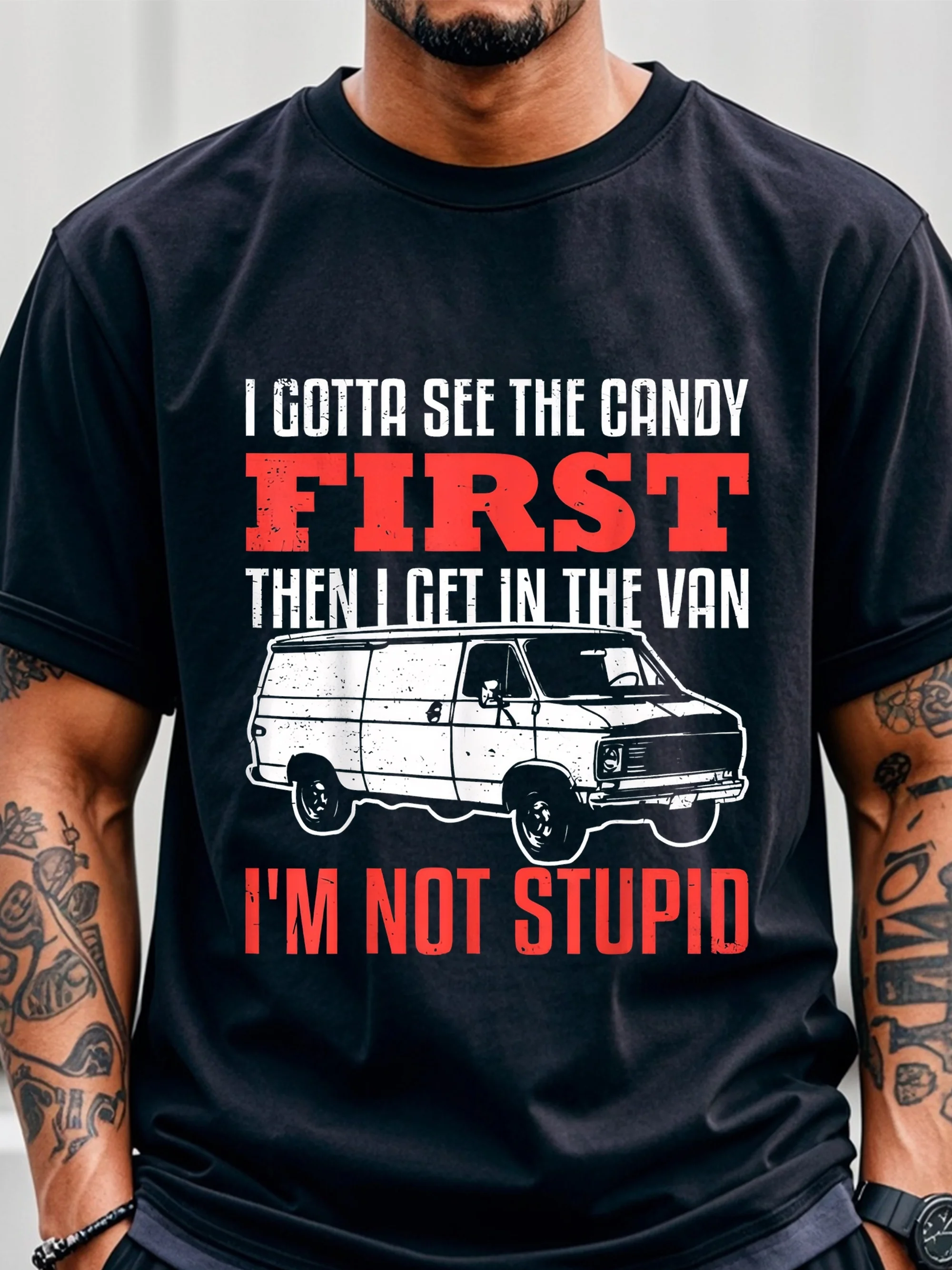 

Men's "I Gotta See the Candy First" Funny Graphic T-Shirt - Black 100% Cotton, Casual Crew Neck, Short Sleeve