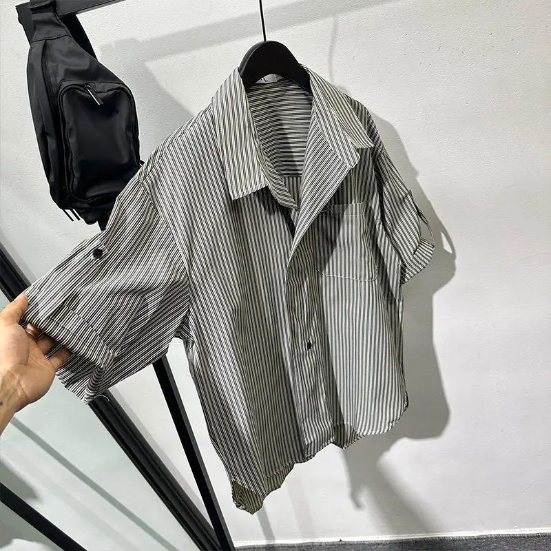Japanese Fashionable Design Striped Loose and Irregular Short-Sleeved Shirt Abstinence Series Summer Retro Style Top
