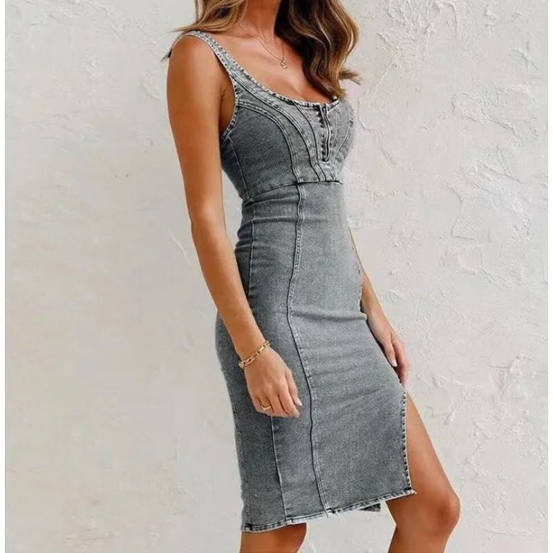 Women's New U-neck Vintage Casual Sling Dresss Temperament Commuting Female Clothing Woman Fashion Sleeveless Split Denim Dress