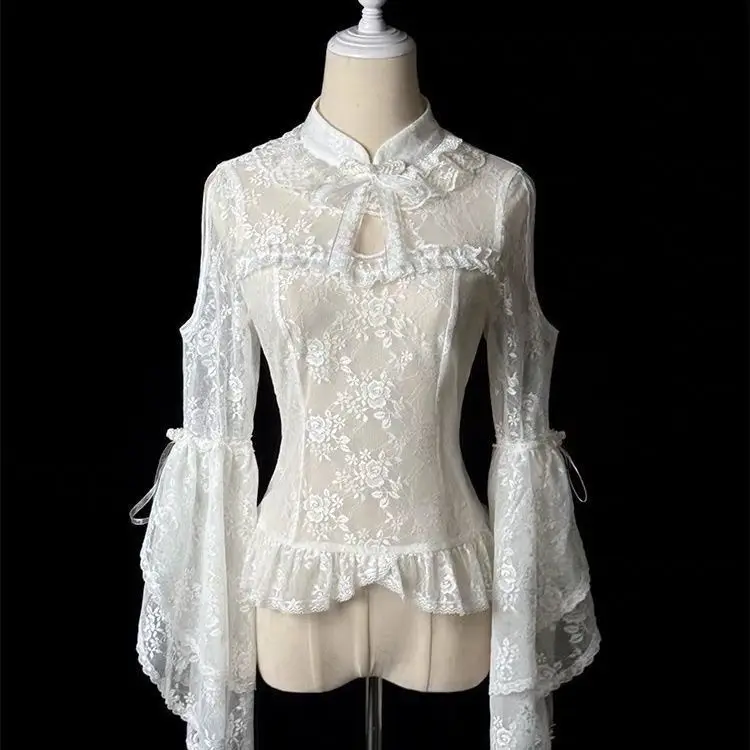Vintage Chinese Style Lolita Lace Top Elegant Stand-up Collar Off-the-shoulder Shirt Women Versatile Slight Perspective Interior
