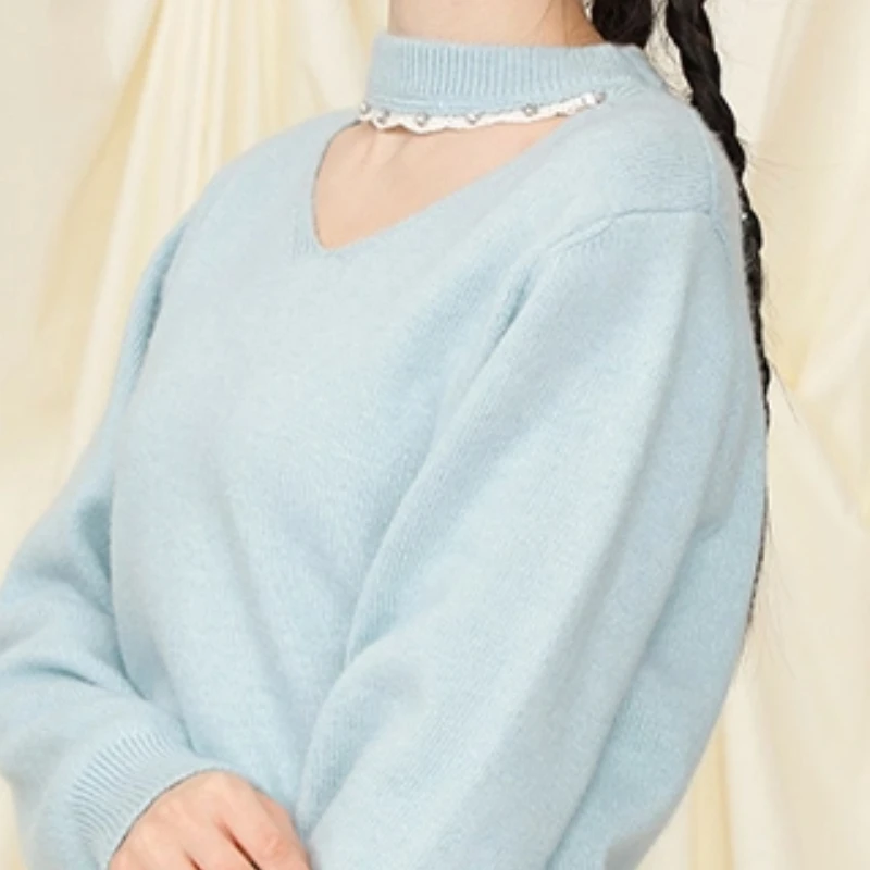 

Korean Sweet Lace Patchwork Hollow Long Sleeve Loose Casual Knitted Sweater For Women