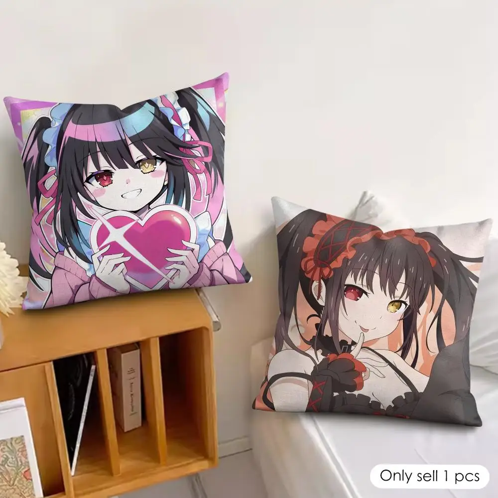 T-Tokisaki Kurumi Anime Cushion Cover Silky Short Plush Invisible Zipper Dustproof Sofa Pillow Case For Home Decor
