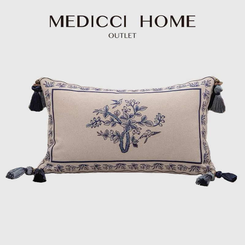 Medicci Home Kissenbezug im französischen Chinoiserie-Stil, blau-weißes Porzellan, florales dekoratives Lendenkissen mit Quasten