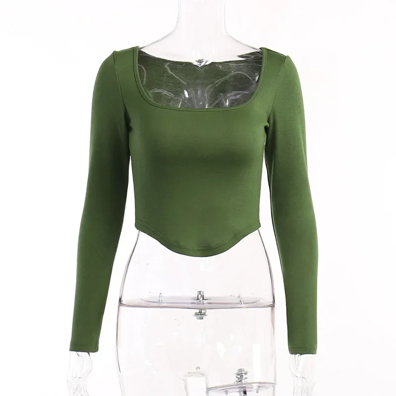 2023 Square Collar Long Sleeve Casual Women T Shirts Green Autumn Skinny Sexy Solid Basic Crop Tops Fashion Streetwear