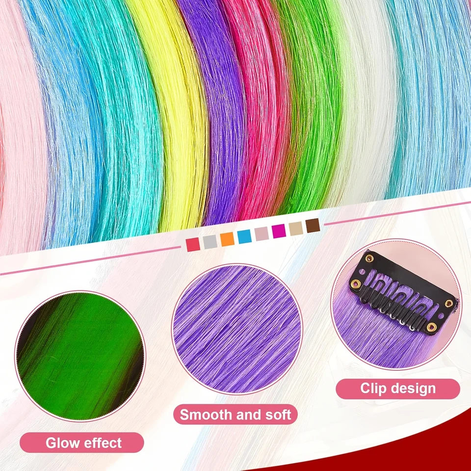 Extensiones de cabello sintético de 4 piezas con brillo fluorescente para mujer, con clip, suaves, fáciles de usar para fiestas 3
