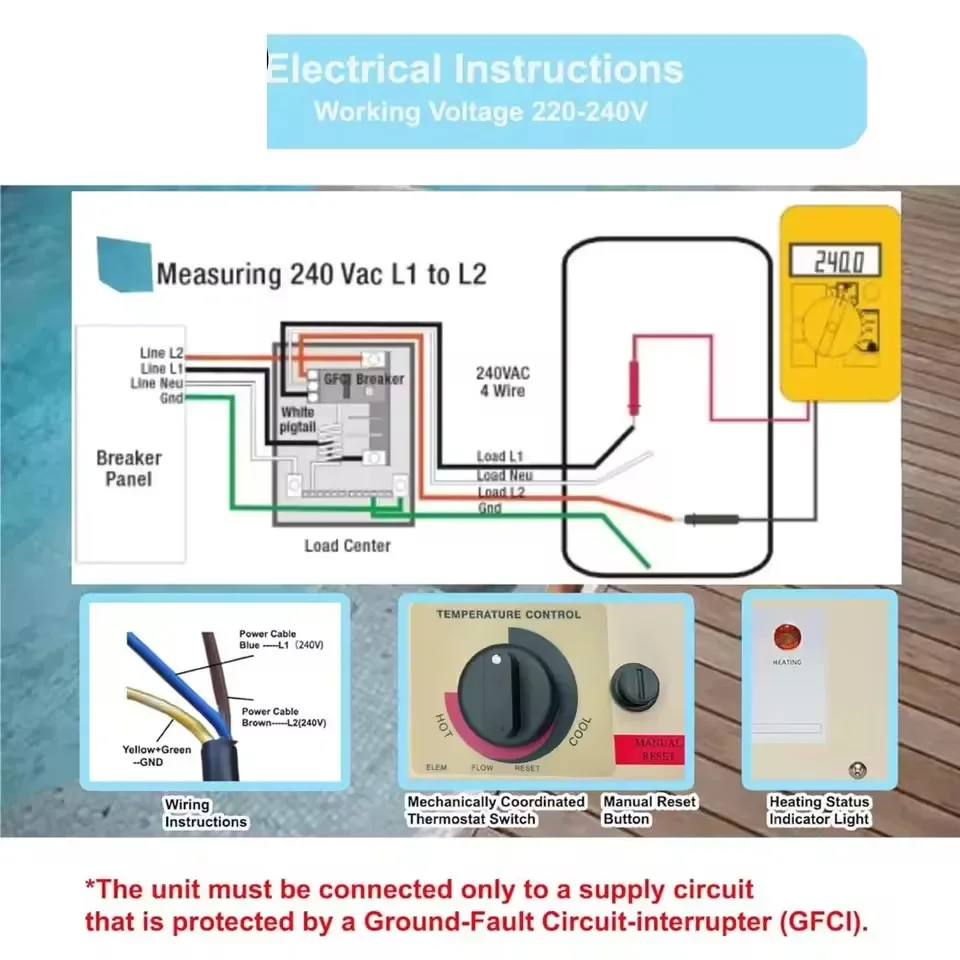220V 3KW Electric Water Heater Thermostat For Swimming Pool Bathtub SPA Bath For Massage Hot Tub and Jacuzzi