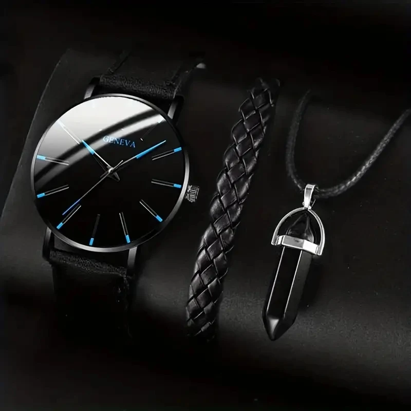 3pcs casual handsome men's pointer quartz watch and accessory set for daily wear and holiday gifts