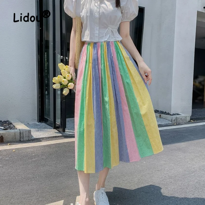 Fashion Casual Color Design Swing Umbrella Skirt Women Striped High Waist Mid Length Version Lady Korean All-match Skirt