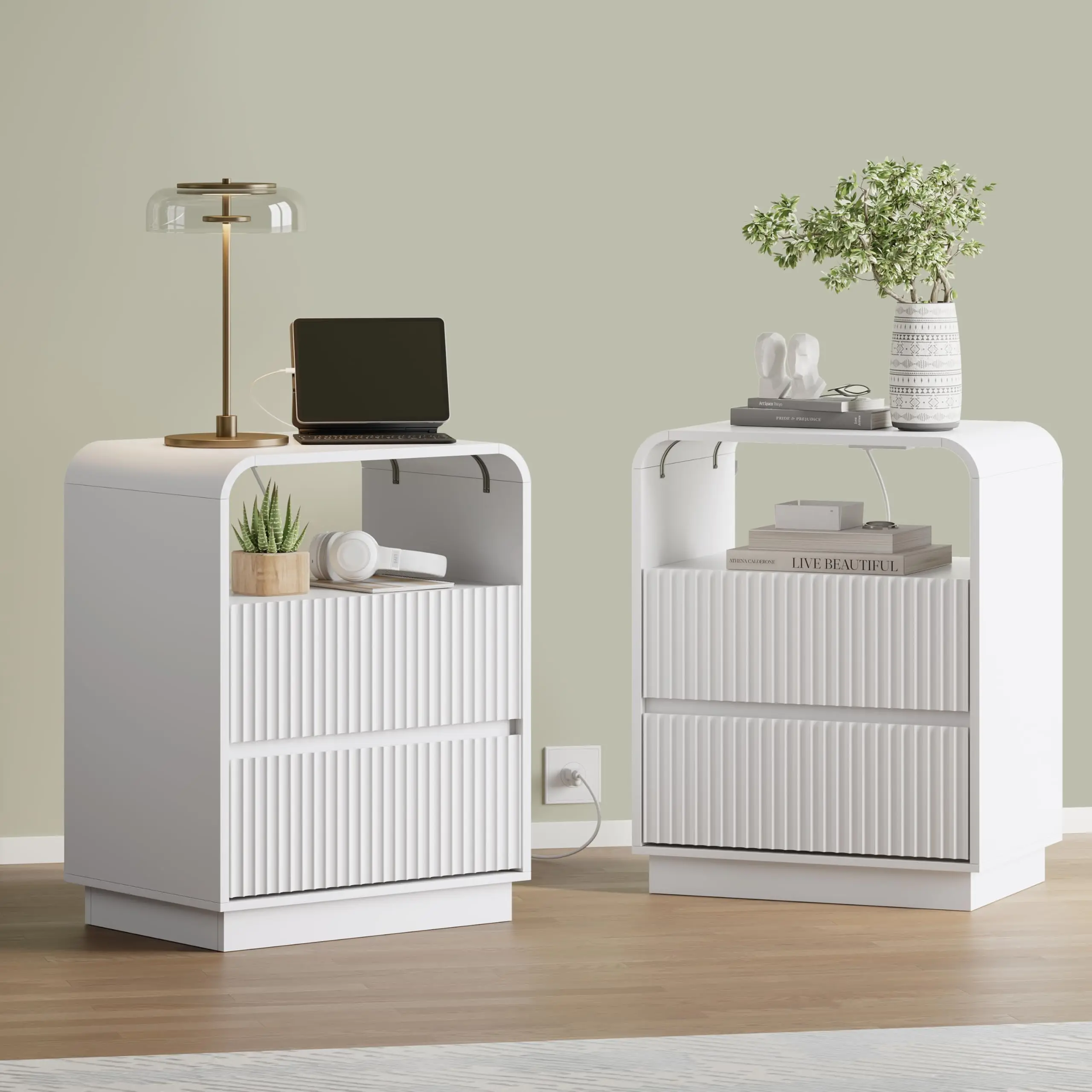 White Nightstands Set of 2 with Charging Station, Mid Century Modern End Tables & Bedside Tables, Fluted Wood Night