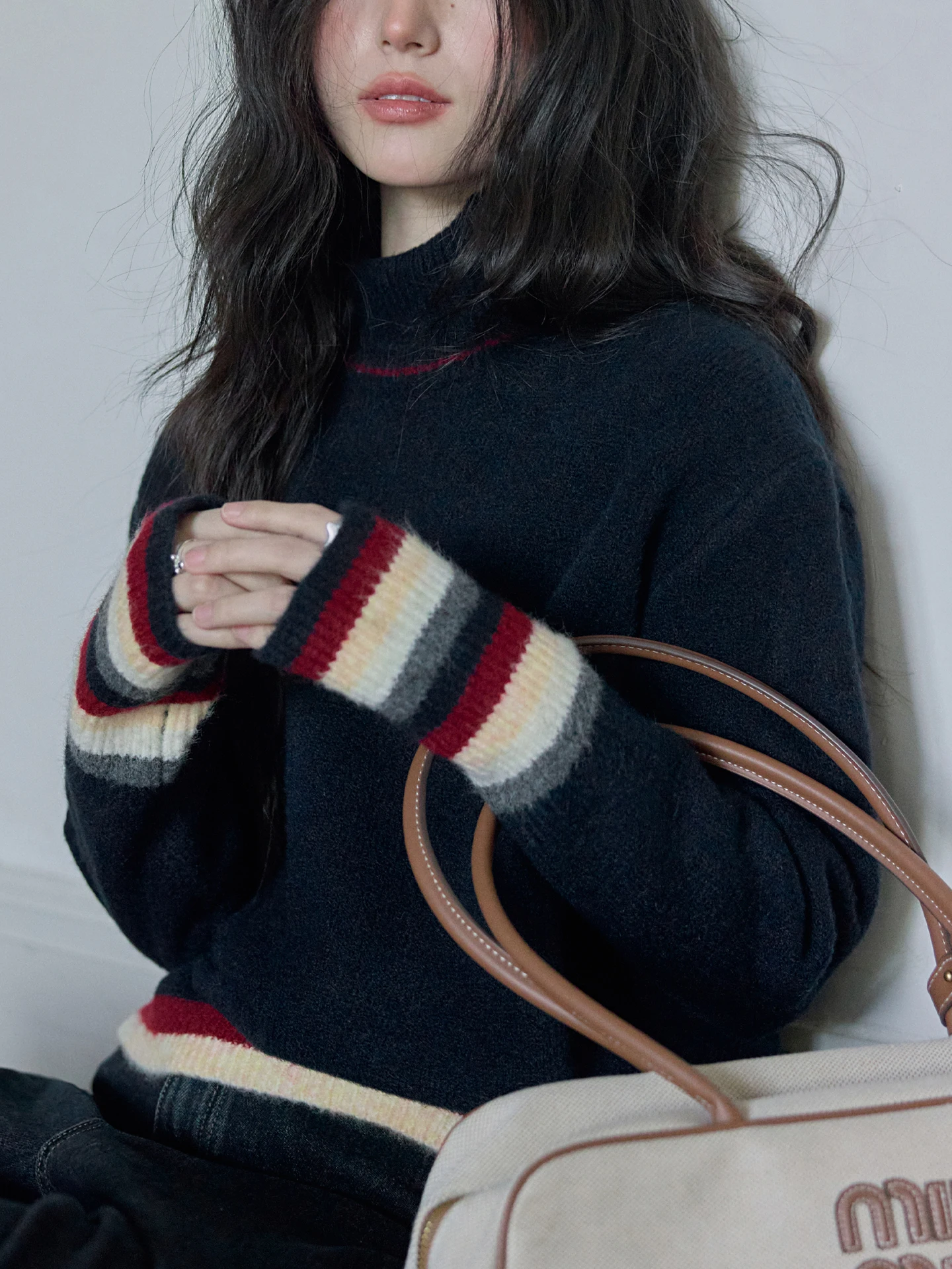 

Soft Woolen Sweater Women's Overhead High Collar Warm Winter Stripe Color Blo Knittedwear Amy Wine House Casual Commute Sle