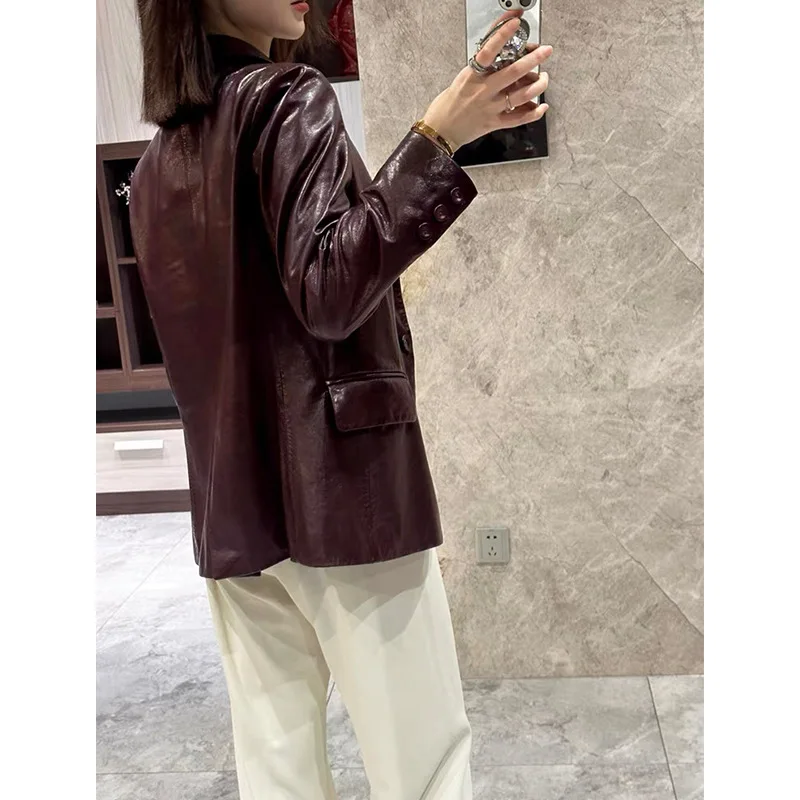 Genuine Leather Suit Jacket Spring Autumn Women Oil Wax Sheepskin Dark Red Fashion Slim Coat Jaqueta Feminina Couro Legítimo