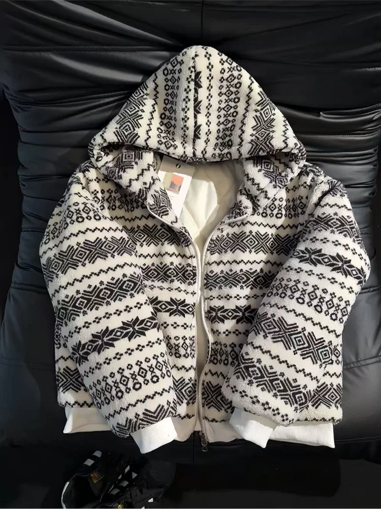 

Thiened Lamb Velvet Hooded Cotton Jaet Men's Winter Coat American Retro Ethnic Sle Design Sense Cotton Clothes