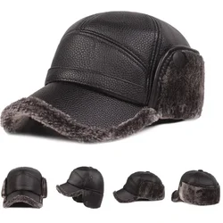 2024 New Winter Mens Leather Cap Warm Baseball Cap with Ear Flaps Thick Fur Caps for Winter Bomber Hats