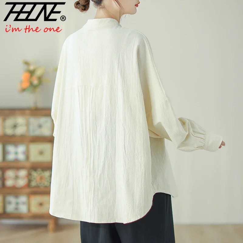 THHONE Autumn Woman Blouse 2024 Vintage Blusa Mujer Long Sleeve Chinese Style Women's Shirts Cotton Linen Solid Casual Camisas