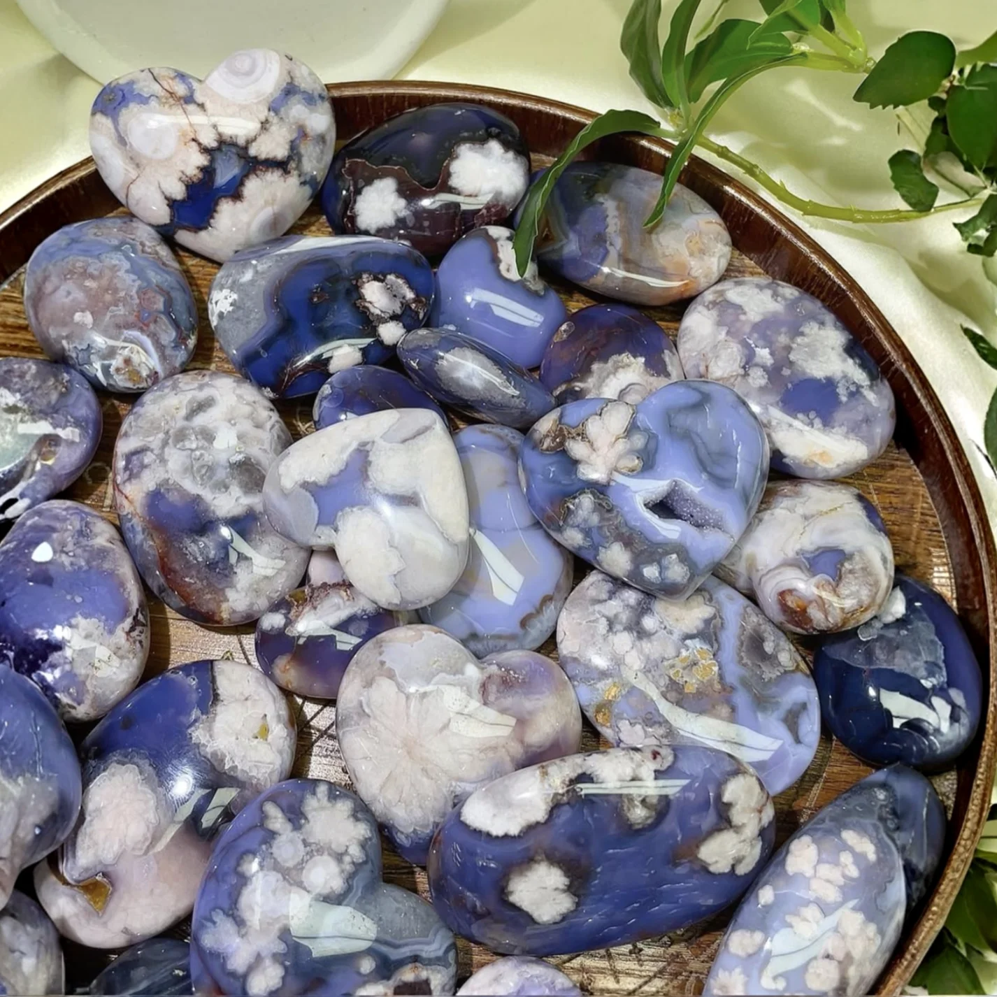 

1pc Blue Flower Agate Palm Stones - Polished Blue Sakura Flower Stones with Deep Blue & Beige Marbled Cherry Blossom Patterns