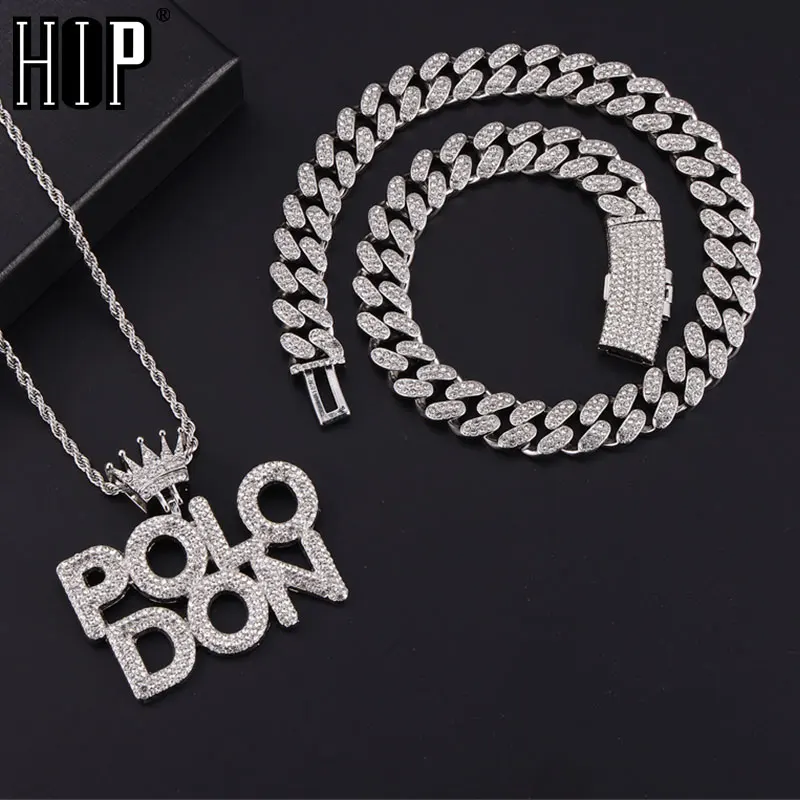 HIP HOP Bling Iced Out Letters POLO DON Pendant Cuban Chain Necklace for Women Men Shiny Zircon Necklace Rappers Jewelry