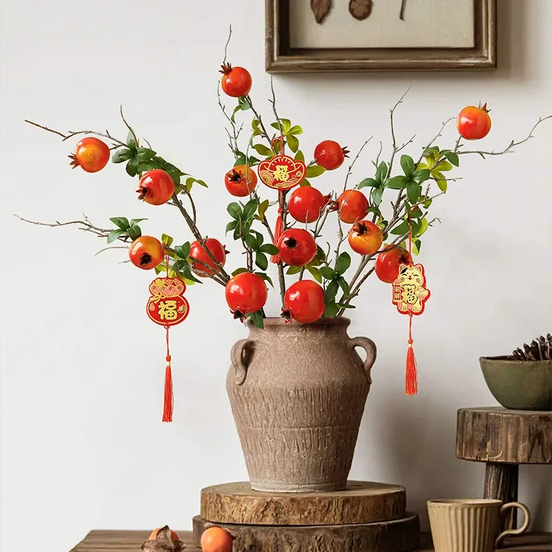 Simulation Pomegranate Fruit Single High Branch Dried Flower New Year Bouquet Rich Fruit Living Room Dining Table Floral