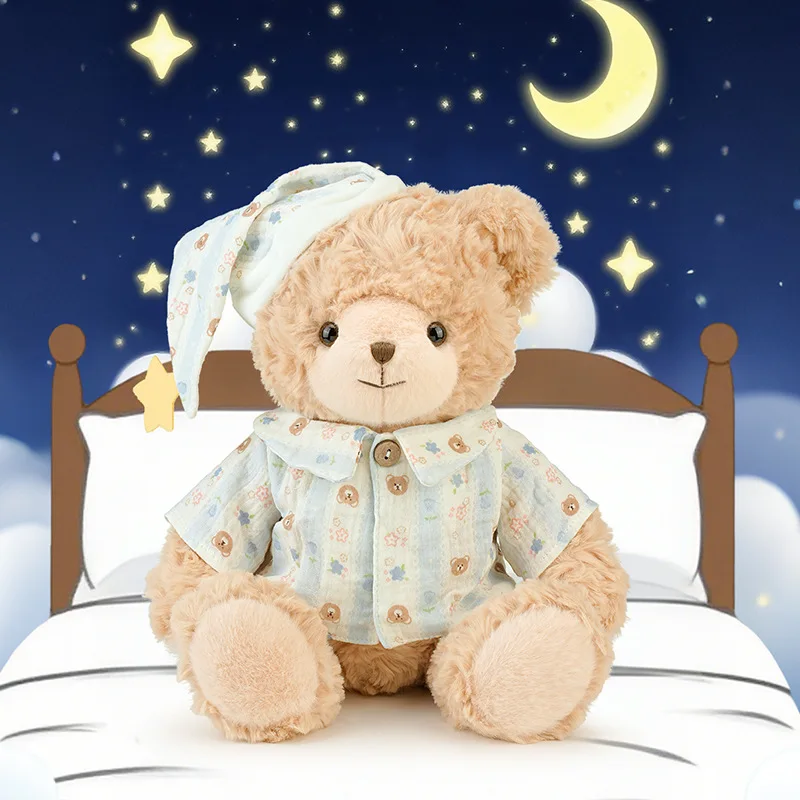 

Plush Teddy Bear Soft Cuddly Hugging Stuffed Toy In Printed Pajamas Nightcap Star Decor Sleeping Companion Gift For Adult