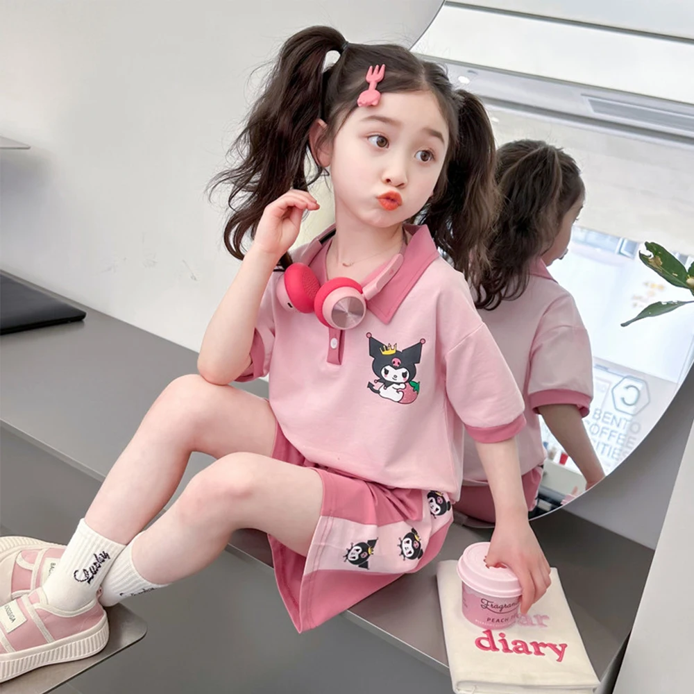 2024 New Sanrio Anime Costume Kuromi Girl Sports Sets Kids Casual Outfits Fashion T-Shirts+Shorts Girls Short Sleeves Top Shorts