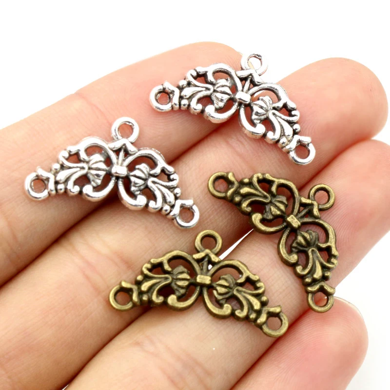 30pcs 14x26mm Antique Silver Plated Bronze Flower Style Connector Charm Pendant DIY Jewelry Supplies for Bracelet Necklace