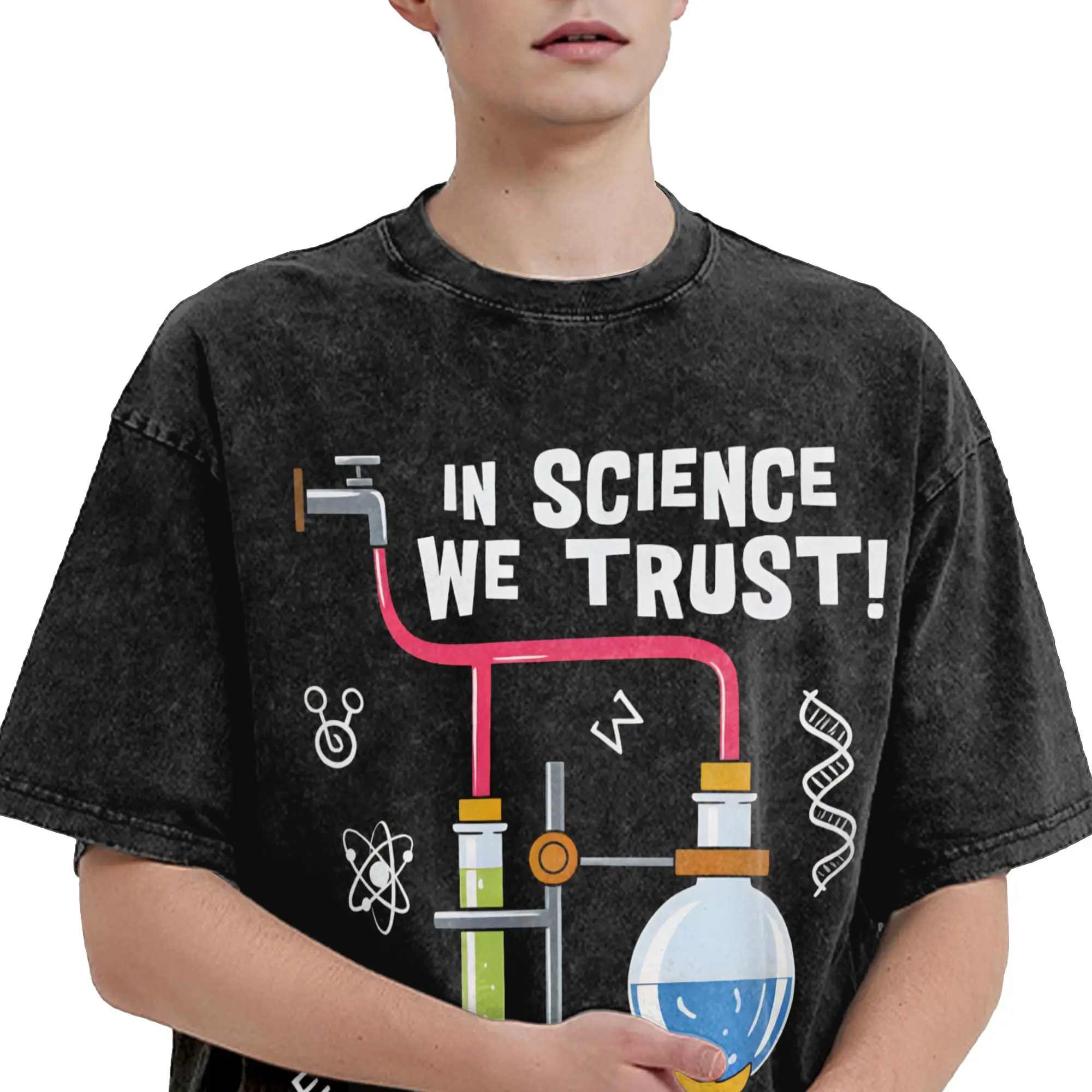 In Science We Trust Men's T Shirts Washed  Funny Tees Short Sleeve Round Collar T-Shirt Pure Cotton Gift Idea Tops