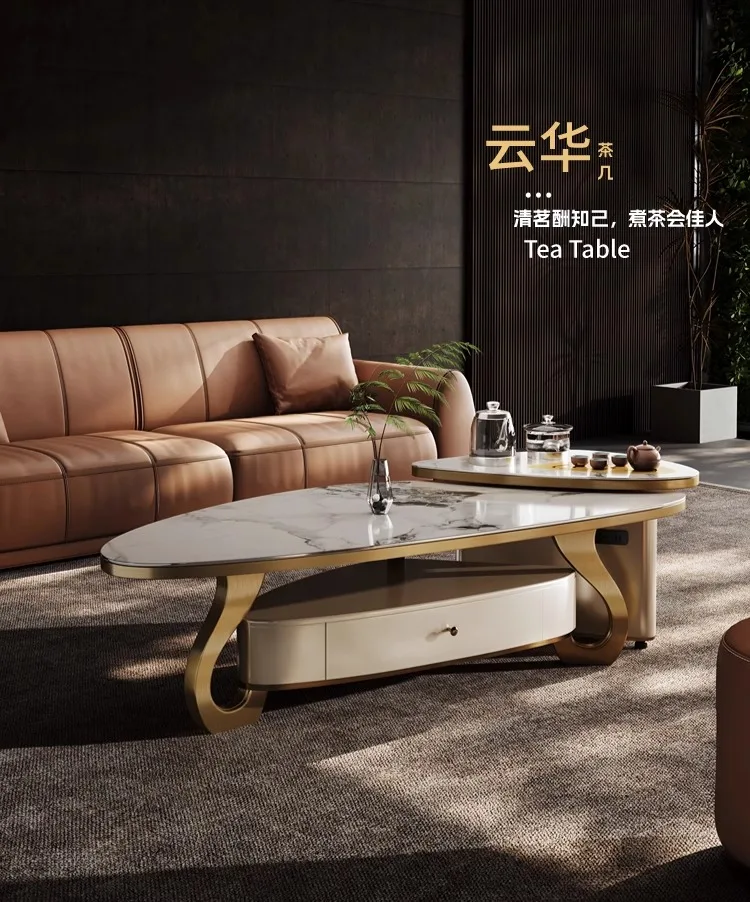 

Rock slab coffee table Modern movable living room Multifunctional light luxury small apartment Kung Fu tea table combination