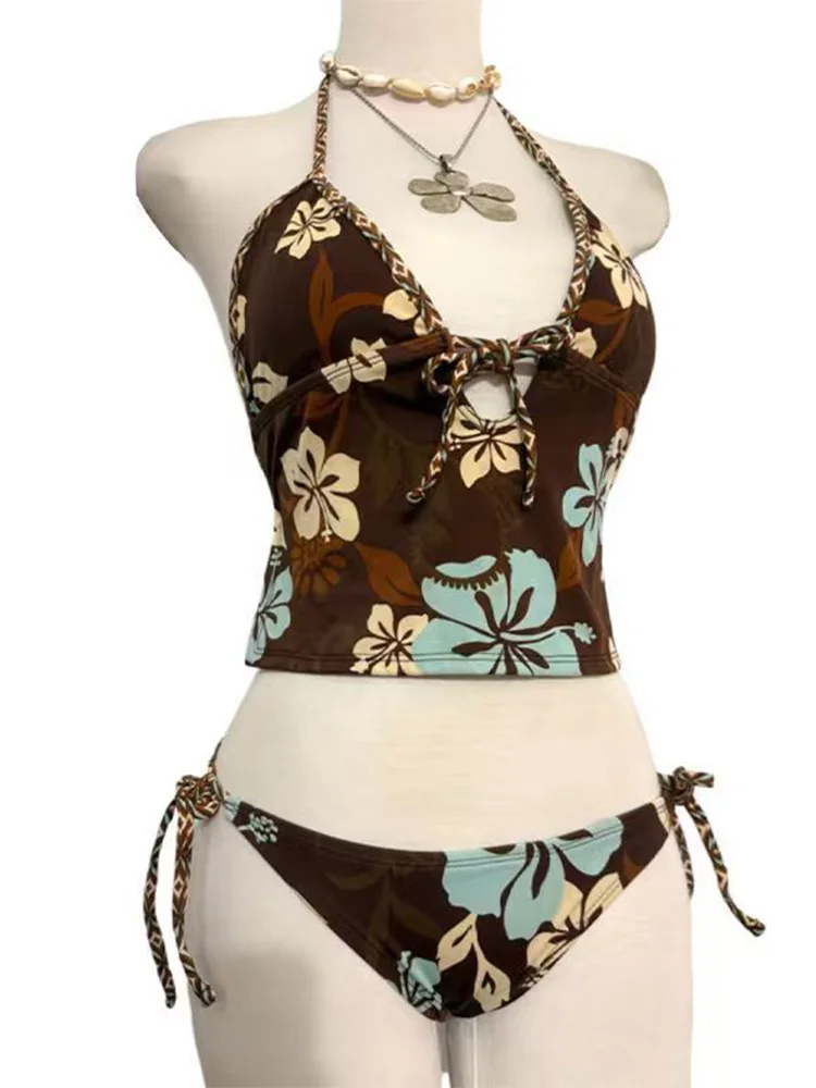 

Summer Tropical Floral Print Halter Crop Tie Side Bikini Set Beach Pool Cute Slim Retro Y2K New Trendy Women's Tankini Swimsuit