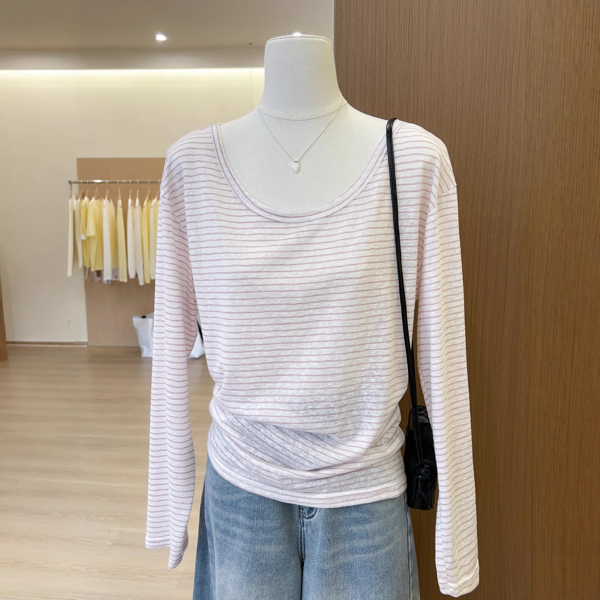 Spring and Summer 2026 New Fashion Versatile Slanted Shoulder Striped Long-sleeved T-shirt Loose Off-shoulder Top Sun Protection