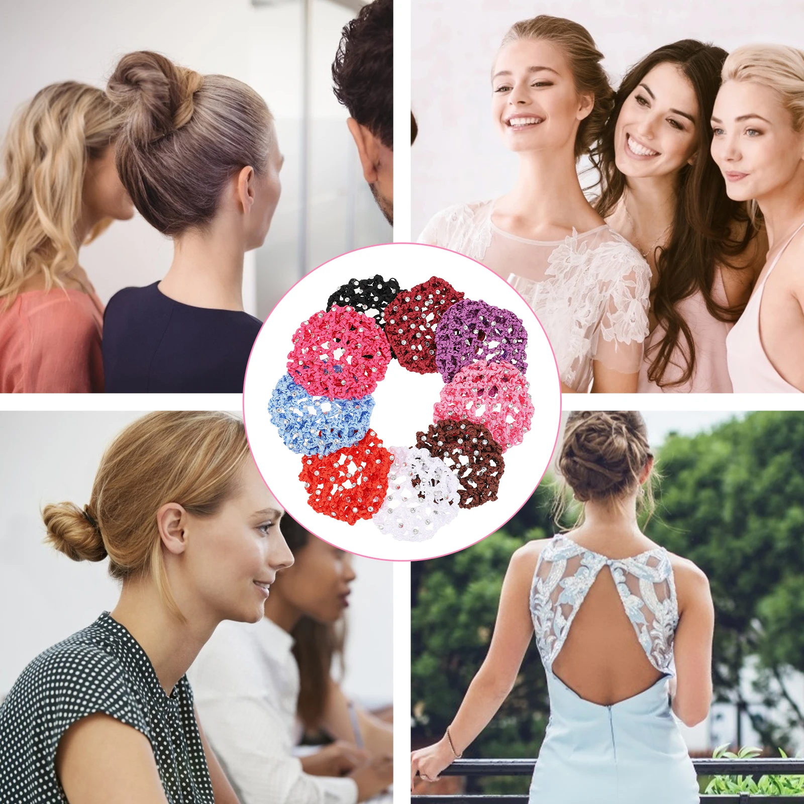 

9 PCS Women's Heads Girls Bun Net with Rhinestones Hair Cover Covers for Clips Accessories Nets