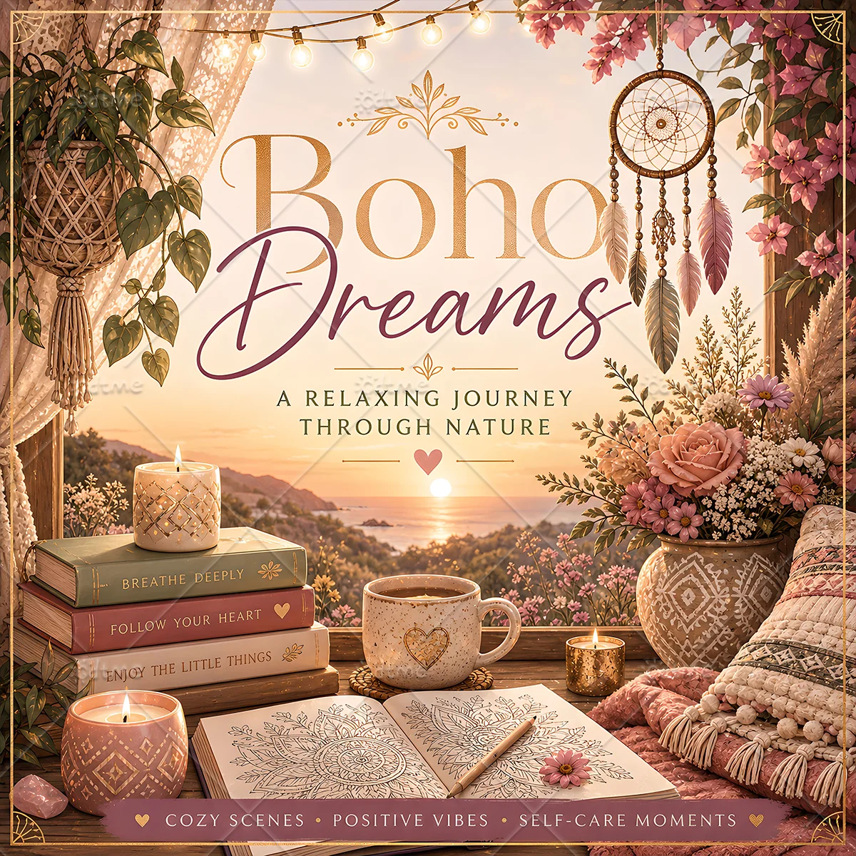 BOHO DREAMS Coloring Book for Adult Featuring Bold-easy Pattern for Relaxation Teens Educational DIY Painting Drawing