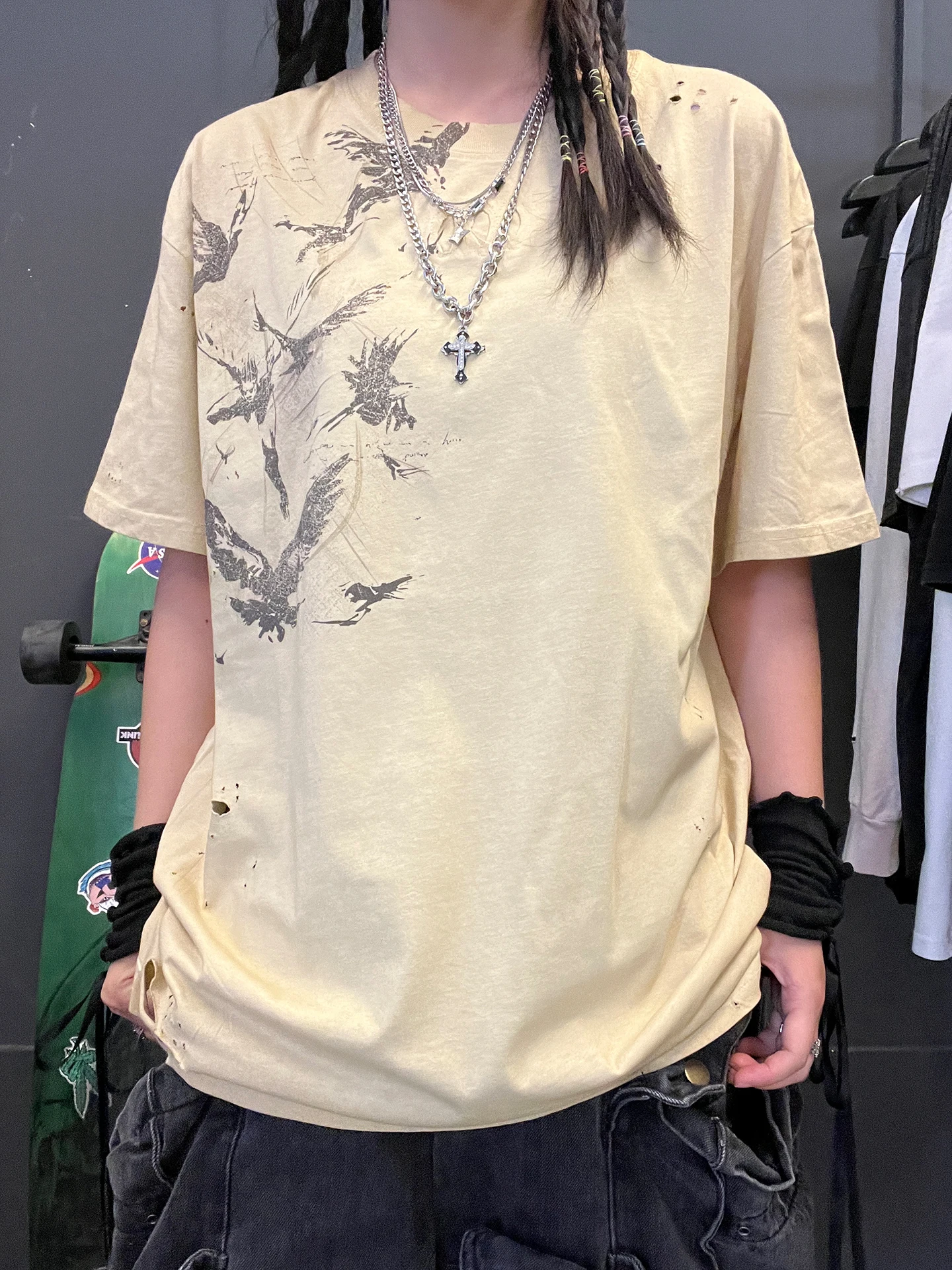 Wang Studio 180G Hole! Subculture Despair Vegetarian Vintage High Street Short Sleeve T-Shirt Fashionable Summer Clothing
