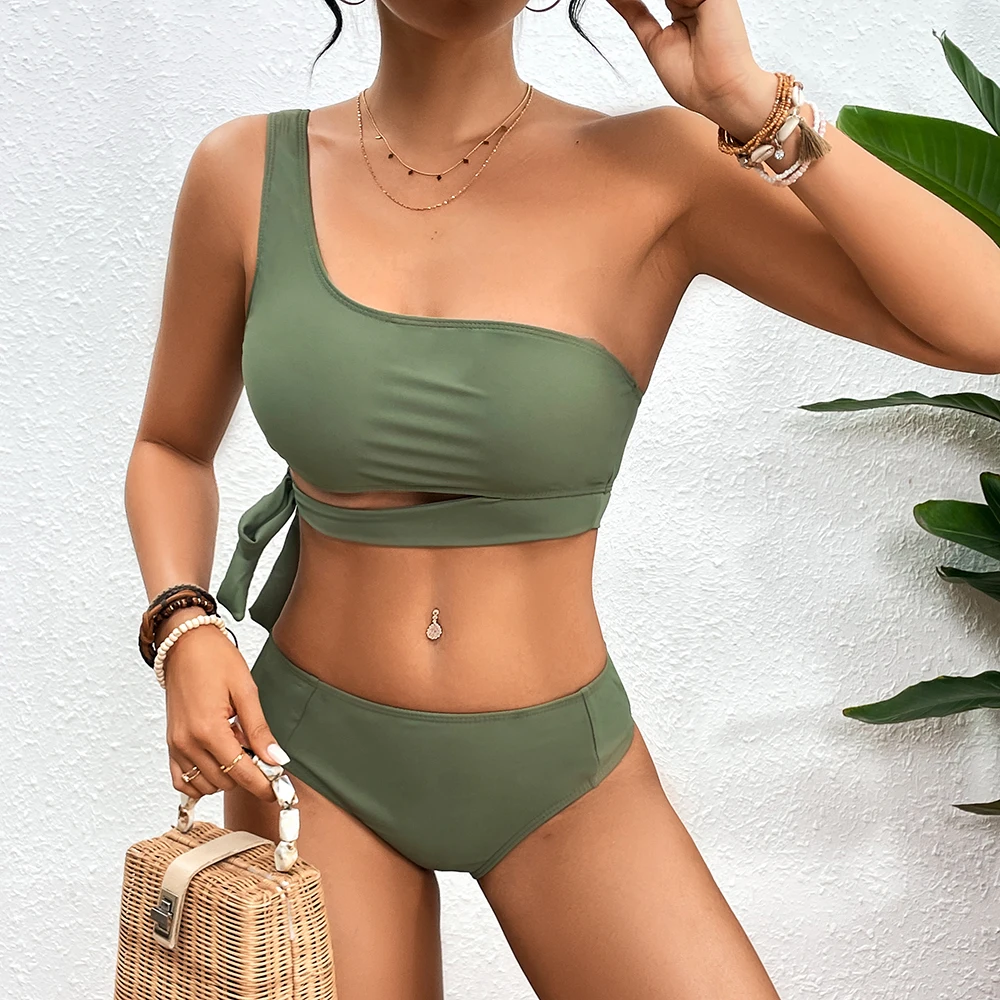 

2025 Women's Single-Strap Bikini Set, Two-Piece Swimsuit, Solid Color, Summer Beach Swimwear New Women's Swimsuit Design