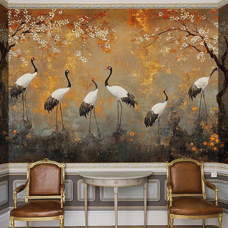 Customized Chinese style mural retro luxury red Crane plum blossom tree minimalist living room background wall 3d wallpaper