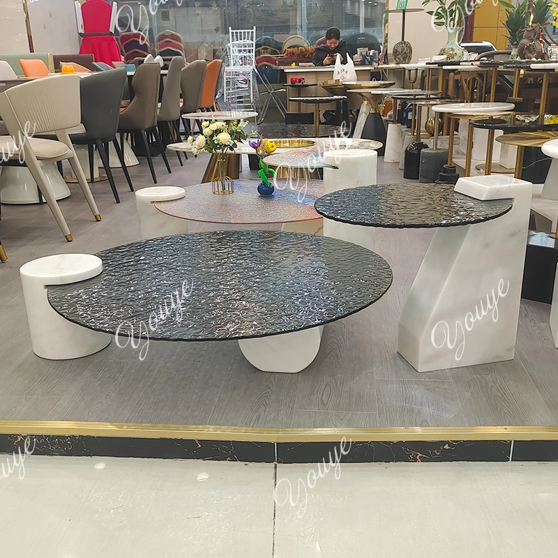 

Size Round Italian water ripple tempered glass coffee table Living room household light luxury marble edge table