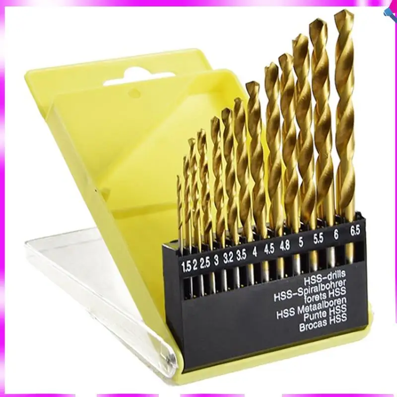 N96R 13Pc 1.5-6.5Mm Round Shank Twist Drill Bit Set Titanium Coated HSS Bit Woodworking Metal Tools