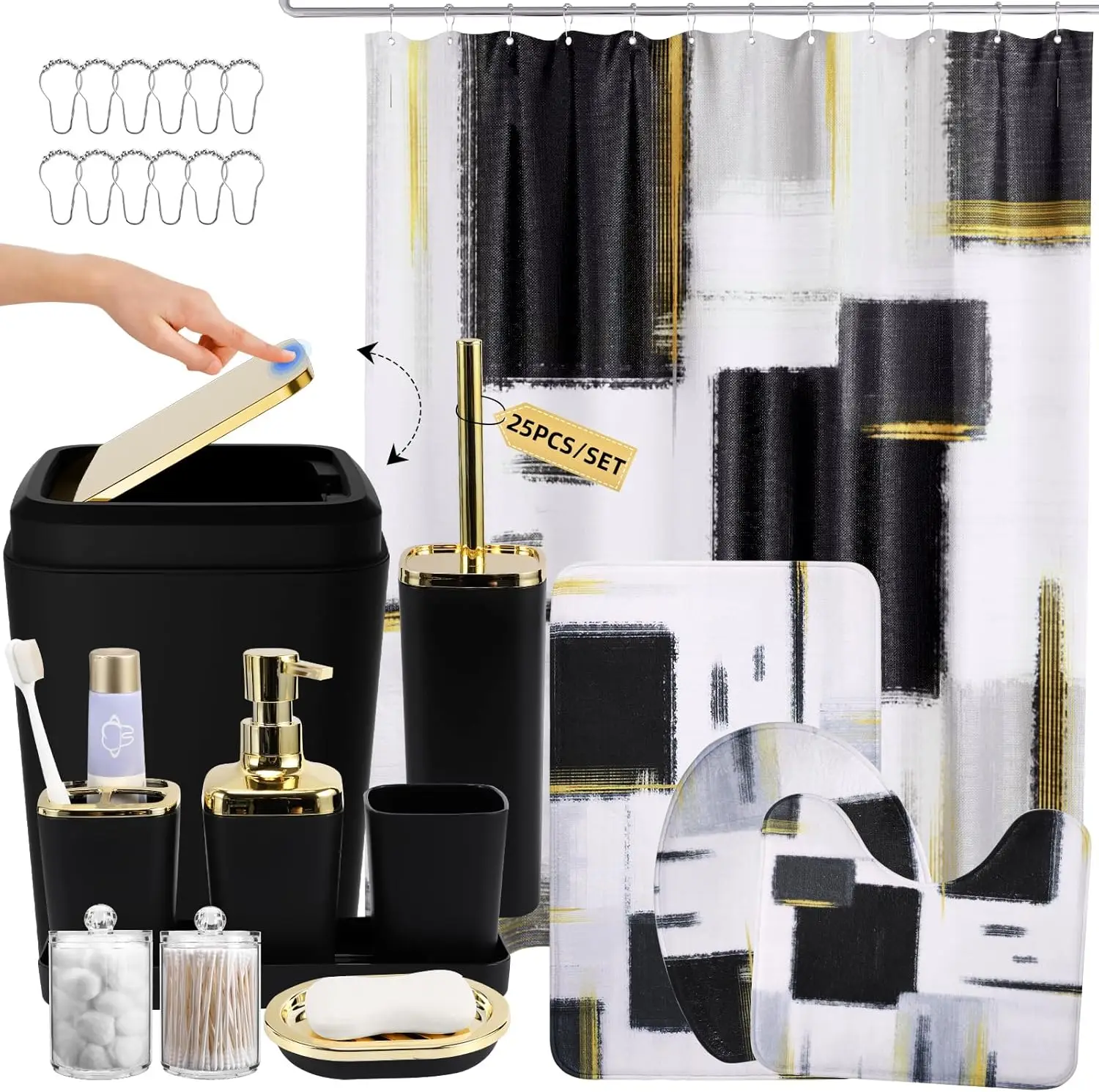 

25 Piece Black Bathroom Accessories Set with Shower Curtain & Rugs, Non-Slip Mats, Trash Can, Soap Dispenser & More