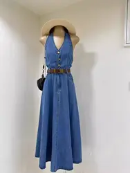 Summer New Style Retro Sweet Spicy Denim Hanging Neck Dress Pure Desire Waist Fit Slimming Cowboy Dresses For Women No Belt
