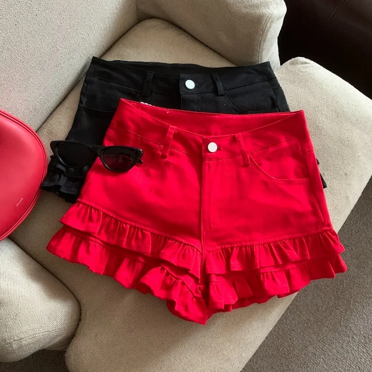Hong Kong Style Spicy Girl Double Layer Ruffle Low Waist Denim Shorts Red A-Line Hot Pants Women Summer Slimming Shorts Skirt