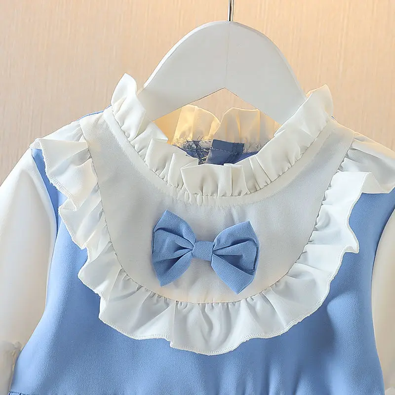 Lovely Clothing Splicing Ruffles Nine Points Sleeve Sweet Spring Autumn Kids Hollow Out Bow Round Neck Blue Girls Princess Dress