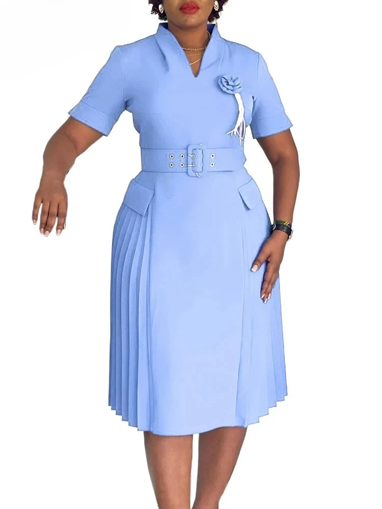 

Elegant African Pink Dresses Women Short Sleeve V-neck Appliques Flower Pleated Midi Dress with Sashes Summer Vestidos